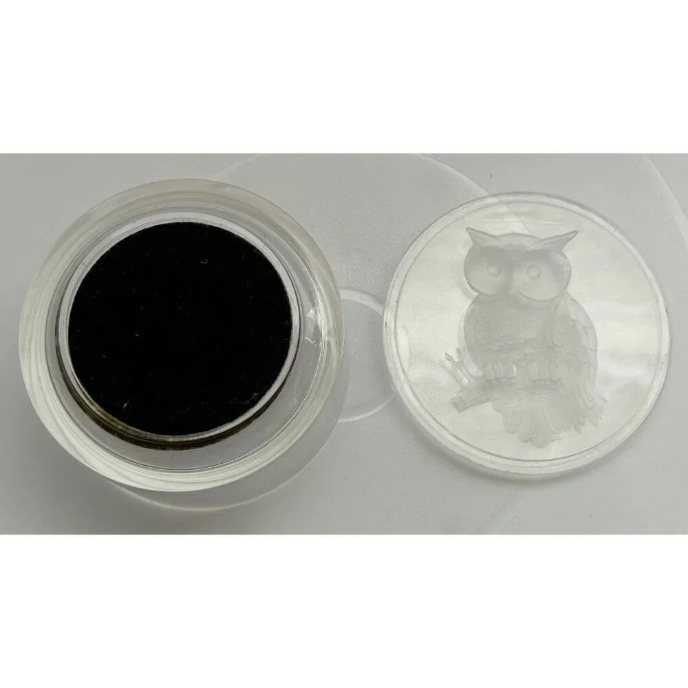 Trinket Jewelry Box Etched Owl Design Lid Round Clear & Black Vintage Look Retro